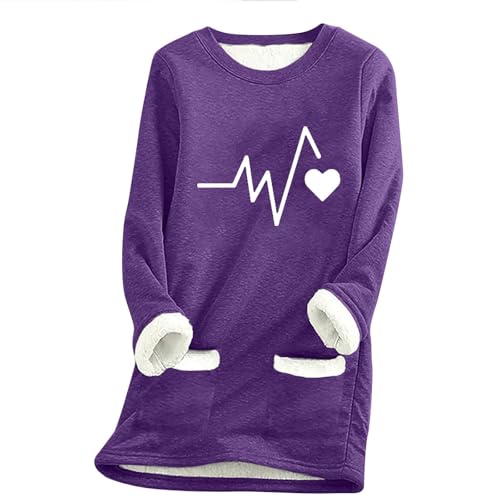 Black Friday Teddy Fleece Pullover Damen Gefüttert Sweatshirt Winter Fleecepullover Locker Innenfutter Winterpullover Lang Pulli Warme Sweater Einfarbig Plüschpullover Thermo Loungewear von Generisch