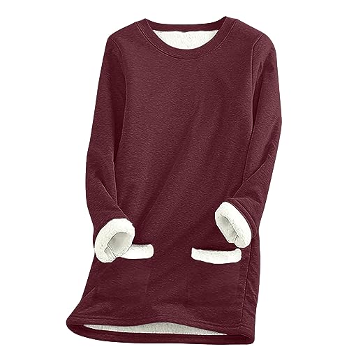Black Friday Teddy Fleece Pullover Damen Gefüttert Sweatshirt Winter Fleecepullover Locker Innenfutter Winterpullover Lang Pulli Warme Sweater Einfarbig Plüschpullover Thermo Loungewear von Generisch