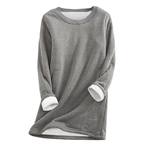 Teddy Fleece Pullover Damen Grosse Grössen Fleecepullover Einfarbig Rundhals Sweatshirt Ohne Kapuze Langarm Warm Gefütterte Pulli Freizeit Winter Fleecepulli Basic Plüsch Langarmshirt Thermounterwäsch von Generisch
