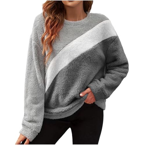 Teddy Fleece Pullover Damen Grosse Grössen Fleecepullover Rundhals Sweatshirt aus Patchwork Fleece Sweatshirt Ohne Kapuze Langarm Winterpullover Warm Oberteil Casual Thermo Shirt Damen von Generisch