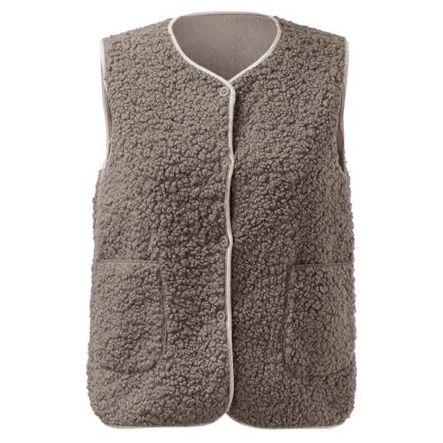 Teddy Fleece Weste Damen Ärmellos Fleecejacke Kurz V-Ausschnitt Fleeceweste Jacke Locker Komfortabel Weste Winter Warm Teddyweste Outdoor Winterjacke Plüschweste Damen Übergangsjacke (11-Khaki, M) von Generisch