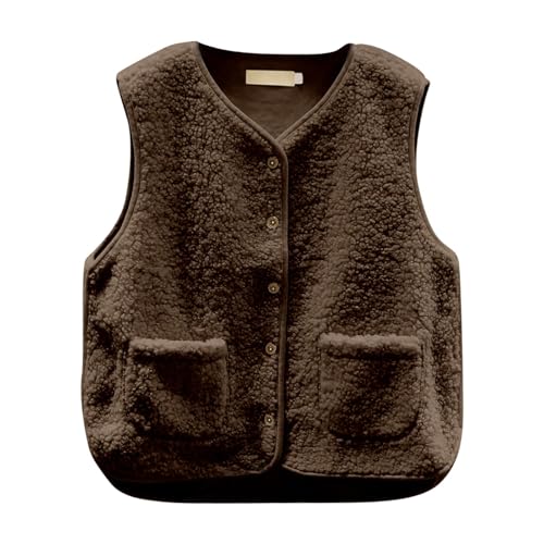 Teddy Fleece Weste Damen Ärmellos Fleecejacke Kurz V-Ausschnitt Teddyfleece Jacke Komfortabel Locker Weste Winter Warm Teddyweste Outdoor Winterjacke Übergangsjacke Damen Plüschweste (Coffee-a, S) von Generisch