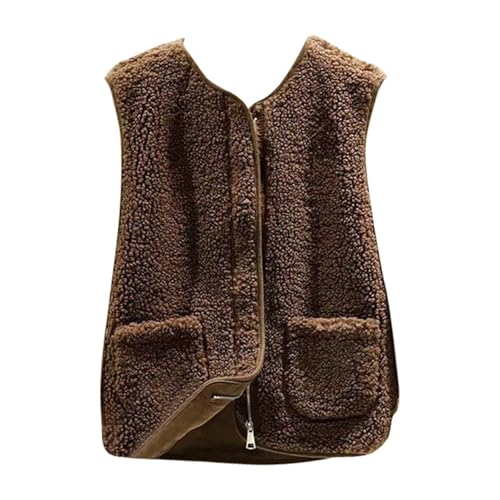 Teddy Fleece Weste Damen Ärmellos Fleecejacke Kurz V-Ausschnitt Teddyfleece Jacke Komfortabel Locker Weste Winter Warm Teddyweste Outdoor Winterjacke Übergangsjacke Damen Plüschweste (Coffee-b, XL) von Generisch