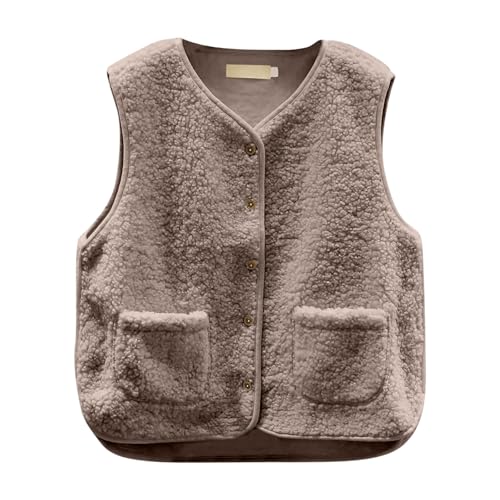 Teddy Fleece Weste Damen Ärmellos Fleecejacke Kurz V-Ausschnitt Teddyfleece Jacke Komfortabel Locker Weste Winter Warm Teddyweste Outdoor Winterjacke Übergangsjacke Damen Plüschweste (Khaki-a, S) von Generisch