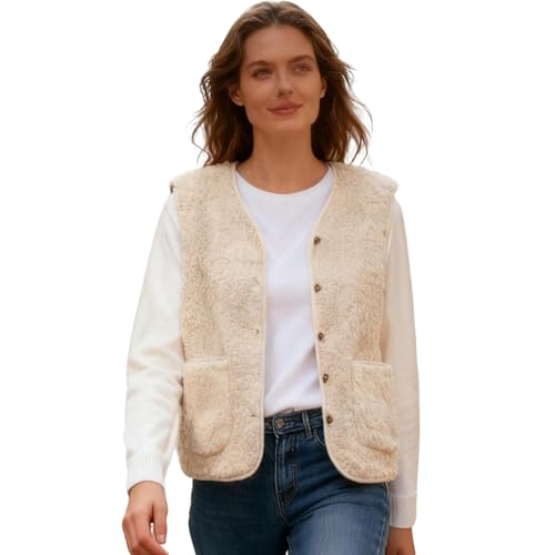 Teddy Fleece Weste Damen Ärmellos Fleecejacke Kurz V-Ausschnitt Teddyfleece Jacke Locker Komfortabel Weste Winter Warm Teddyweste Outdoor Winterjacke Plüschweste Damen Übergangsjacke Beige Xxl von Generisch