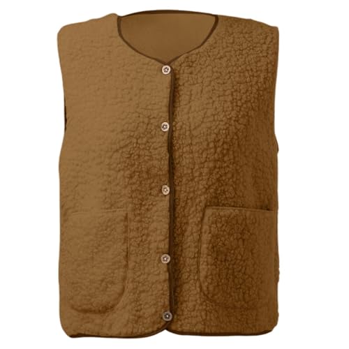 Teddy Fleece Weste Damen Ärmellos Fleecejacke Kurz V-Ausschnitt Teddyfleece Jacke Locker Komfortabel Weste Winter Warm Teddyweste Outdoor Winterjacke Plüschweste Damen Übergangsjacke Brown M von Generisch