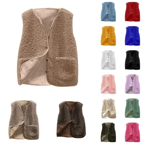 Teddy Fleece Weste Damen Ärmellos Fleecejacke Kurz V-Ausschnitt Teddyfleece Jacke Locker Komfortabel Weste Winter Warm Teddyweste Outdoor Winterjacke Plüschweste Damen Übergangsjacke Khaki S von Generisch