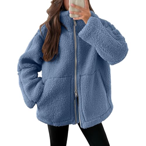 Teddy Fleecejacke Damen, Teddyjacke Damen Warme Doppelschneidiger Samt Jacke Dicke Freizeit Winterjacke Einfarbig Fleecejacke mit Taschen Reißverschluss Wintermantel 2024 Neueste Plüschjacke von Generisch
