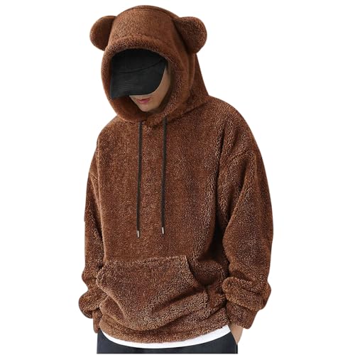 Teddy Fleecepullover Herren Doppelseitiger Samt Kapuzenpullover Niedlich Plüsch Hoodie mit Ohren Einfarbig Sweatshirt mit Kapuze Locker Hoody Top für Männer Casual Warme Kapuzenpulli Weich Pullover von Generisch