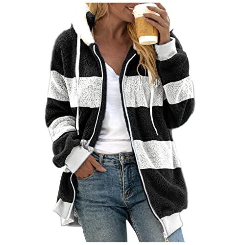 Teddy Mantel Plüschjacke Damen Teddy Fleecejacke Damen Kuscheljacke Mit Taschen Sweatjacke Streifen Winterjacke Lang Lässige Teddyfleece Jacke Flauschig Softshelljacke Hoodie Herbstjacke Warm Bequem von Generisch