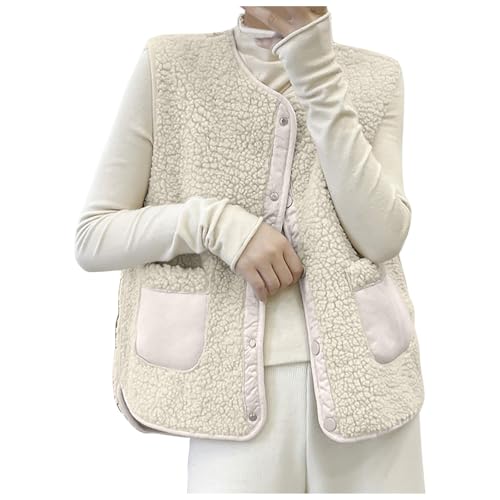 Teddy Weste Damen Ärmellos Teddyfleece Jacke Fleece Winterweste Winter Warme Fleeceweste Kurz Teddyjacke Plüsch Westen Einfarbig Damenwesten Plüschweste Übergangsjacke Mantel Leicht (F-White, L) von Generisch