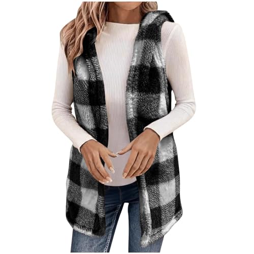 Teddy Weste Damen Modisches Karierte Fleecejacke Lang Winterjacke Ärmellos Fleeceweste mit Kapuze Warm Winterweste Bequeme Strickjacke Open Front Steppweste von Generisch