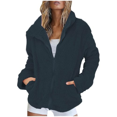 Teddyjacke Damen Einfarbig Revers Plüschjacke Winter Warm Fleecejacke Freizeit Teddyfleece Jacke ReißVerschluss Winterjacke Langarm Wintermantel Flauschig Teddy Mantel Sweatjacke mit Taschen von Generisch