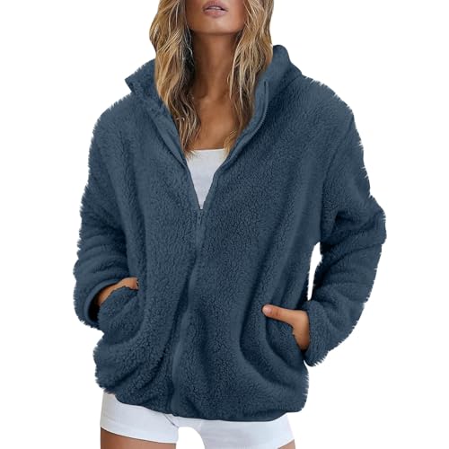 Teddyjacke Damen Flauschig Fleecejacke Fleece Winterjacke Damen Gefüttert Plüschmantel Jacken Stehkragen Mantel Flauschjacke Frauen Mit Reissverschluss Taschen Plüschjacke Casual Einfarbig von Generisch