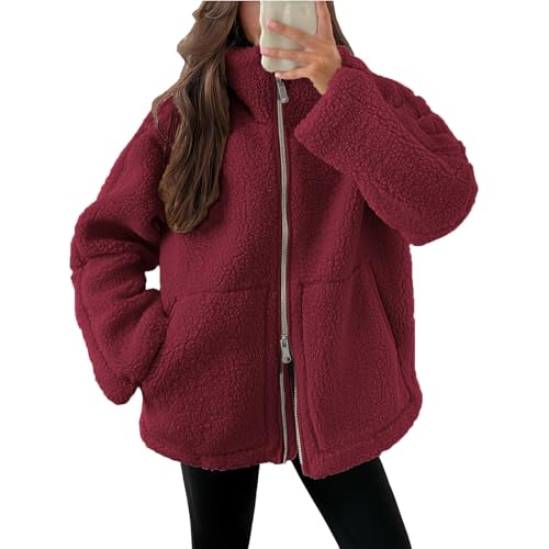 Teddyjacke Damen Fleecejacke Warme Dicke Freizeit Zwei-Wege Reißverschluss Winterjacke Einfarbig Teddyfleece Teddy Jacke mit Taschen und Reißverschluss Wintermantel Winterjacke 2025 Plüschjacke von Generisch