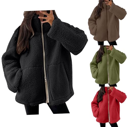 Teddyjacke Damen Freizeit Übergangsjacke Fleecejacke Jacke Damen Doppelschneidiger Samt Jacke Dicke Warme Winterjacke Einfarbig Sweatjacke Warm Winter Herbst Sportjacke Outdoorjacke mit ReißVerschluss von Generisch