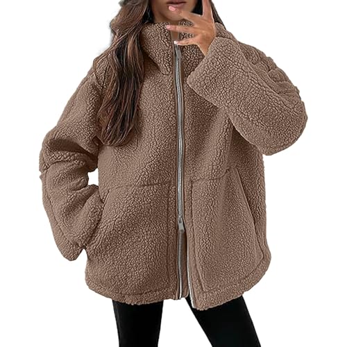 Teddyjacke Damen Warme Doppelschneidiger Samt Jacke Dicke Freizeit Winterjacke Einfarbig Fleecejacke mit Taschen Reißverschluss Wintermantel 2024 Neueste Plüschjacke autumn Winterjacke (Z1-Brown, M) von Generisch