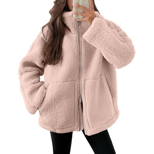 Teddyjacke Damen Warme Teddyfleece Jacke Einfarbig Fleecejacke Mit Taschen Flauschig Plüschjacke Freizeit Outdoor Fleecemantel Thermal Teddy Wintermantel,B Hellrosa,S von Generisch