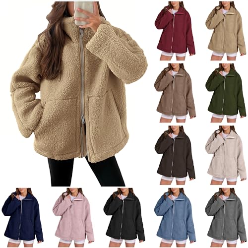 Teddyjacke Damen Winter Teddyfleece Jacke Doppelschieber Reißverschluss Winterjacke Thermal Teddy Wintermantel Einfarbig Revers Fleecejacke Flauschig Plüschjacke Freizeit Outdoor Fleecemantel von Generisch