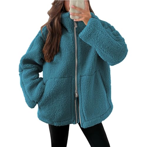 Teddyjacke Damen Winter Teddyfleece Jacke Doppelschieber Reißverschluss Winterjacke Thermal Teddy Wintermantel Einfarbig Revers Fleecejacke Flauschig Plüschjacke Freizeit Outdoor Fleecemantel von Generisch