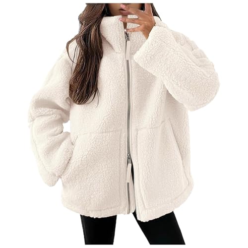 Teddyjacke Damen Winter Teddyfleece Jacke Doppelschieber Reißverschluss Winterjacke Thermal Teddy Wintermantel Einfarbig Revers Fleecejacke Flauschig Plüschjacke Freizeit Outdoor Fleecemantel von Generisch