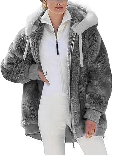 Teddyjacke Fleecejacke Hoodie Damen Kapuzenpullover Teddy-Fleece Warm Winterjacke Herbst Wintermantel Stilvoller ReißVerschluss Fellmantel PlüSchjacke Mit Taschen üBergangsjacke Kapuzenjacke von Generisch