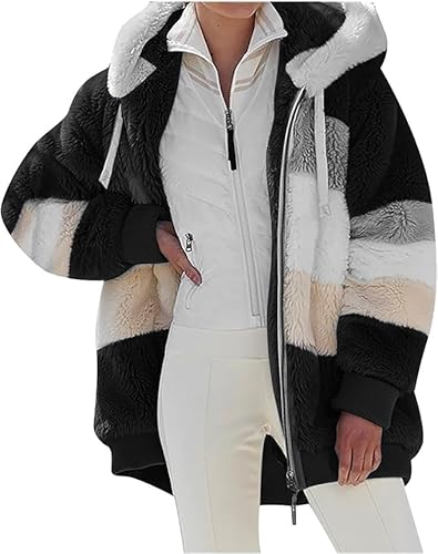 Teddyjacke Fleecejacke Hoodie Damen Kapuzenpullover Teddy-Fleece Warm Winterjacke Herbst Wintermantel Stilvoller ReißVerschluss Fellmantel PlüSchjacke Mit Taschen üBergangsjacke Kapuzenjacke von Generisch