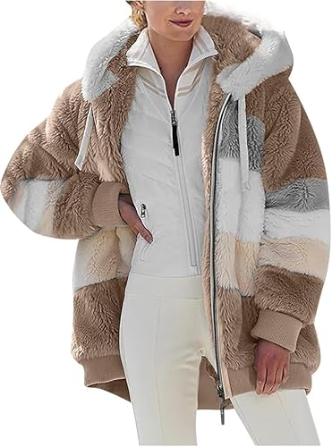 Teddyjacke Fleecejacke Hoodie Damen Kapuzenpullover Teddy-Fleece Warm Winterjacke Herbst Wintermantel Stilvoller ReißVerschluss Fellmantel PlüSchjacke Mit Taschen üBergangsjacke Kapuzenjacke von Generisch