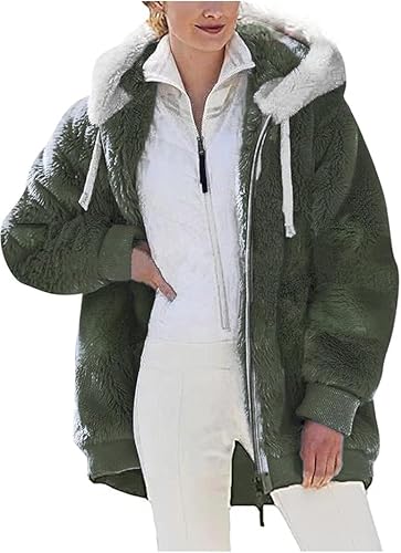 Teddyjacke Fleecejacke Hoodie Damen Kapuzenpullover Teddy-Fleece Warm Winterjacke Herbst Wintermantel Stilvoller ReißVerschluss Fellmantel PlüSchjacke Mit Taschen üBergangsjacke Kapuzenjacke von Generisch