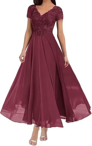 Teelänge Mutter der Braut Kleider V-Ausschnitt Spitze Applikationen Chiffon Kurzarm Formelle Abendkleider für Frauen Desert Rose L von Generisch