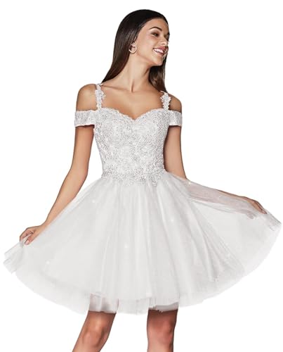 Teen A Linie Tüll Kurzes Ballkleid Spaghettiträger Glitzer Spitze Applikationen Ballkleider White M von Generisch