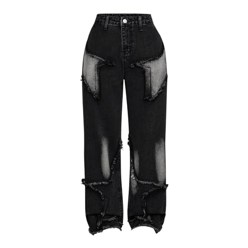 Teen Girls Baggy Jeans Fashion Star Y2k Denim Hose Youth High Waist Streetwear Denim Pant Kids Fall Winter Jeans Hose, Schwarz , 13-14 Jahre von Generisch