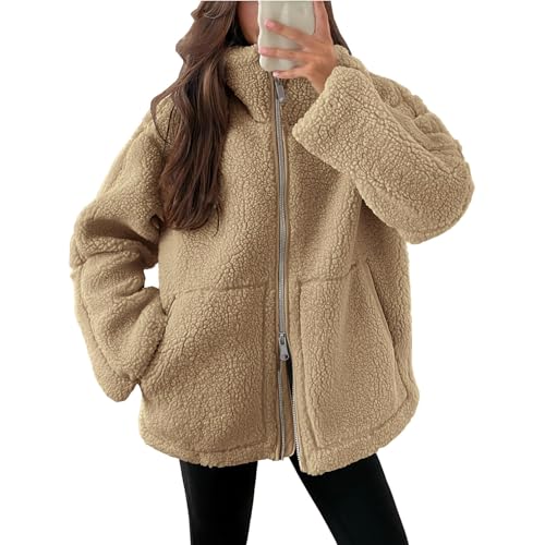 Teenager Mädchen Geschenke Teddyjacke Damen Winter Teddyfleece Jacke Doppelschieber Reißverschluss Winterjacke Thermal Teddy Wintermantel Einfarbig Revers Fleecejacke Flauschig von Generisch