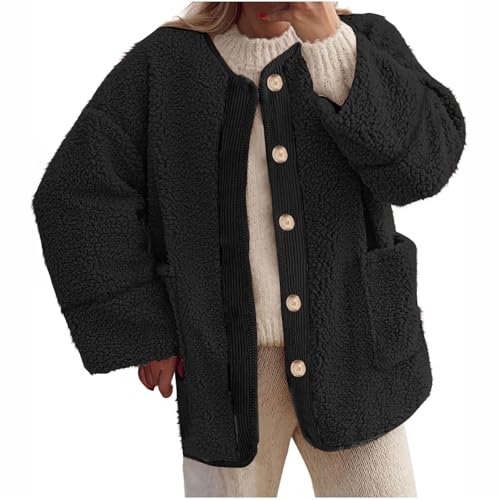 Teenager Mädchen Geschenke Teddyjacke Damen Winter Teddyfleece Jacke Einfarbig Patchwork Winterjacke Freizeit Knopfleiste Wintermantel Warm Flauschig Fleecejacke Locker Langarm Teddy von Generisch