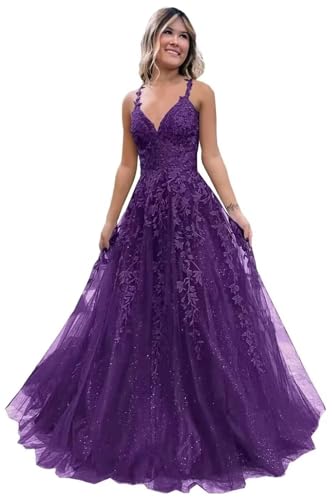 Teens Spitze Applikationen Ballkleider Glitzernder Tüll V-Ausschnitt Spaghettiträger Langes Ballkleid für Frauen Formelles Abendkleid Purple 40 von Generisch