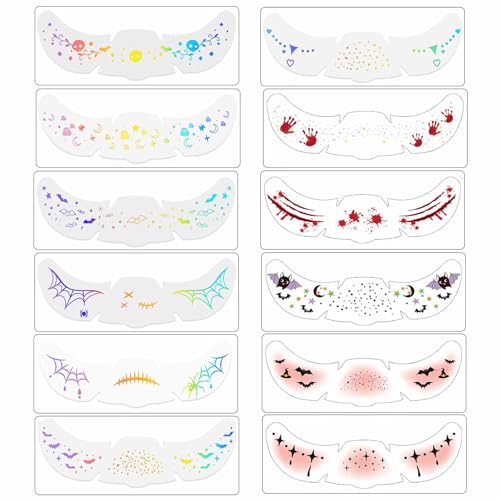 Temporäre Gesichtstätowierungen Halloween-Make-up-Sticker, Glitzer wasserdicht Gesichtstattoo Für Festivals Cosplay Halloween-Party, Ideal Für Party und Make-up Looks (12PC) von Generisch