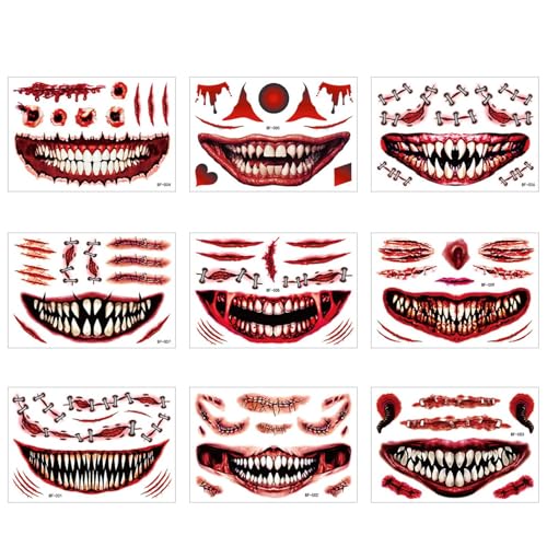 Temporäre Halloween-Aufkleber, 9 Blatt Halloween-Narbenaufkleber, Temporäre Maskerade-Aufkleber, Sammeln von Gesichts-Fake-Stichen-Requisiten für Halloween, Karneval, Cosplay-Kostüm von Generisch