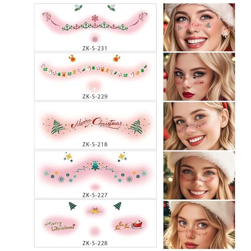Temporäres Weihnachtstattoo, Weihnachtsgesichtstattoo | Temporäres Gesichtstattoo mit Goldprägung, Glitzer-Gesichtsaufkleber | Gesichts-Make-up-Patches, stilvolle glitzernde temporäre Aufkleber für We von Generisch