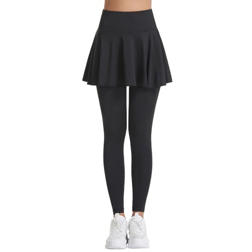 Tennis-Leggings mit Rock für Damen, Golf-Leggings mit Rock-Overlay, Butt Scrunch Athletic Dress Rüschen, sportlicher Lift-Bekleidung, weicher und schlanker Workout-Rock mit Leggings, Schwarz , M von Generisch