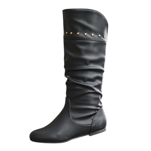 Tennis Schuhe Damen Damenstiefel mit seitlichem Reißverschluss, einfarbig, plissiert, Flache, runde Zehenpartie, europäische und amerikanische Freizeitstiefeletten Mädchen 28 Schwarz (Black, 42) von Generisch
