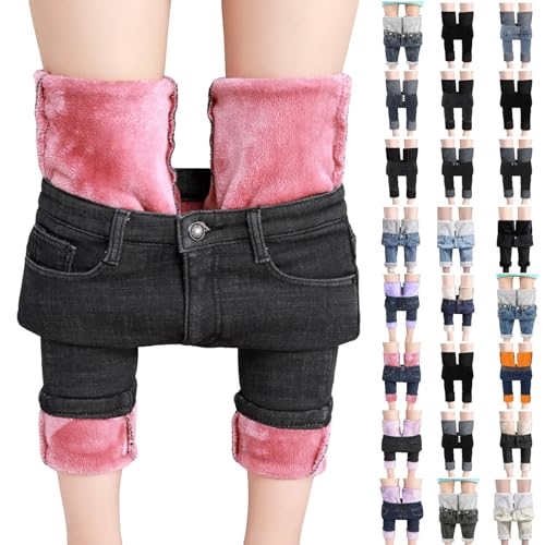 Thermo Leggings Damen Skinngy Jeans Damen High Waist Thermojeans Fleece Gefüttert Thermohose mit Taschen Stretch Jeanshose Slim Fit Strumpfhosen Dicke Leggings Winter Warm Freizeithose Trekkinghose von Generisch