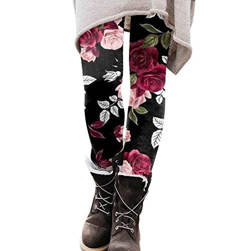 Thermo Leggings Damen Winter With Fleece Thermohose Blumen Aufdruck Strumpfhosen High Waist Stretch Thermostrumpfhose Push Up Blickdicht Thermleggings Workout Fitness Yogahose Sporthose Laufhose von Generisch