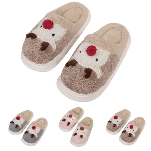 Tier-Hausschuhe für Damen – Weihnachts-Hausschuhe mit Rentier-Charakteren, lustiger Weihnachts-Slipper aus Plüsch, festlicher Schuh, rutschfest, gemütlich, Winter, warm, flauschiges Tragen, rose, 36 2 von Generisch