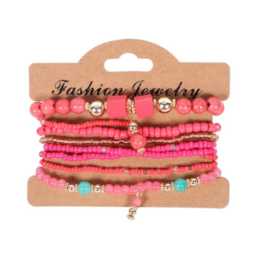 Tonperlenarmbänder für Frauen, stapelbare Stretcharmbänder mit goldenen Perlen, elastische Schichtarmbänder, Set mit -Schmuck enes Buddhistisches Armband Aus Kunststoff (Hot Pink, One Size) von Generisch
