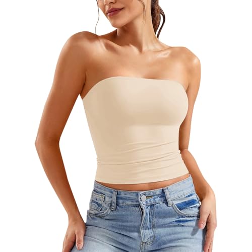 Top, Bandeau Top Damen, Tube Trägerloses Crop Sexy Tank Tops Schulterfreies Y2k Ohne Träger Enge Tops Basic Elegant Sport mit Integriertem BH, Beige, L von Generisch