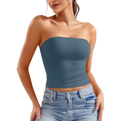 Top, Bandeau Top Damen, Tube Trägerloses Crop Sexy Tank Tops Schulterfreies Y2k Ohne Träger Enge Tops Basic Elegant Sport mit Integriertem BH, Blau, XS von Generisch