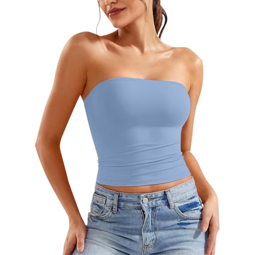 Top, Bandeau Top Damen, Tube Trägerloses Crop Sexy Tank Tops Schulterfreies Y2k Ohne Träger Enge Tops Basic Elegant Sport mit Integriertem BH, Lichtblau, S von Generisch