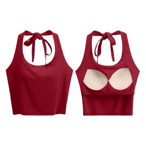 Top Damen mit Integriertem BH ärmelloses Shirt Neckholder Oberteile Crop Ärmellose Bequeme Shirt Sport Tank Top Built-in BH Camisole Enges Tops Leicht Tanktop Stretch Slim Fit Shirts Frauen (M) von Generisch
