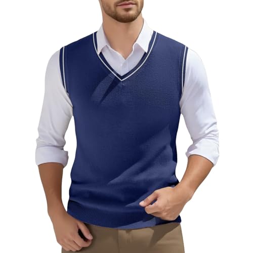 Top Dunkelblau Herren Pullunder Herren Ärmellos Strickweste V-Ausschnitt Strickweste Frühling Einfarbig Ärmellos Gestrickt Für Männer Rundhals T Shirt Herren Set (Blue, L) von Generisch