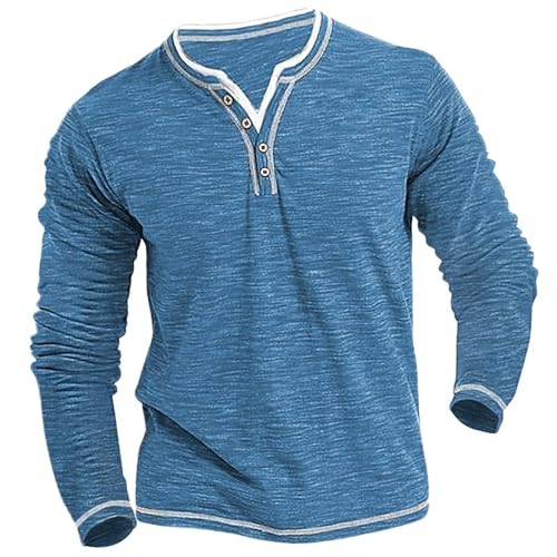 Tops Herren Gelb Farbige Baumwolle, Kleiner V-Ausschnitt, Strickjacke für Herren, lässig, Herbst und Winter, langärmelig, bequem, weich, dehnbar, Henley-Shirt, T-Shirt Kleid Schwarz Top (Blue, L) von Generisch